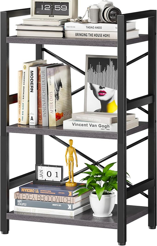 Bookshelf, 3 Tier Industrial Bookcase, Metal Small Bookcase, Rustic Etagere Book Shelf Storage Organizer for Living Room, Bedroom, and Home Office(Grey) Patent Pending D29873033 - LeafyLoom