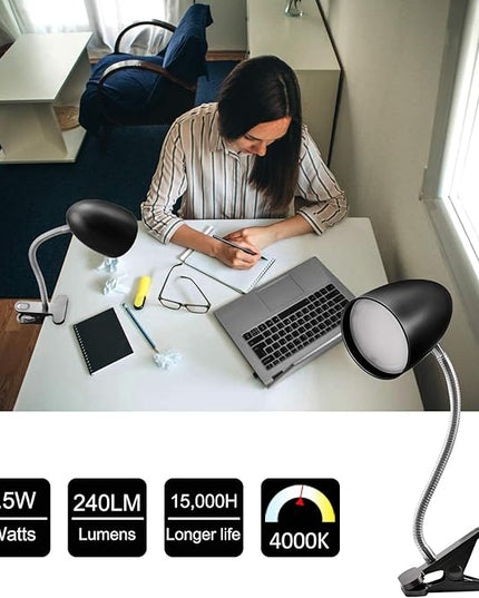Clip on Light for Bed, Non-Dimmable Clip on Reading Light for Bed, 4000K Cool White, 3.5W 240 LM desk lamp with clamp, Eye Protection, ETL Listed, Black - LeafyLoom