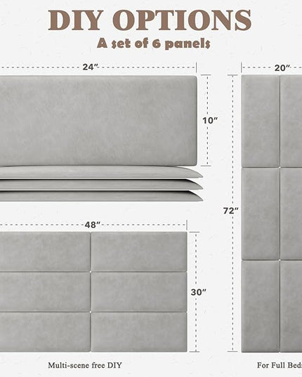 Twin Full Headboard, Wall Mounted Peel and Stick Headboard, Upholstered Leather Bed Headboard for Twin Size Bed, Floating Dorm Bedroom Tall Headboard Soundproof Wall Panels (6 Panels, 10"x24") - LeafyLoom