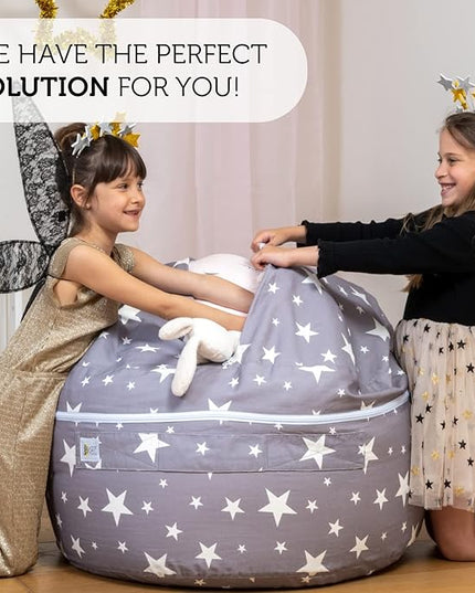 2 Sizes in 1 Stuffed Animal Storage Bean Bag Chair Cover for Kids & Adults | Washable XL Stuffie Seat | 100% Cotton | Pouf Organizer for Plush Toys, Linens, Quilts & Pillows | Twinkle Twinkle - LeafyLoom