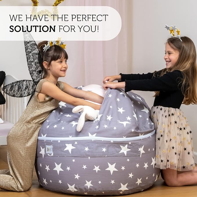 2 Sizes in 1 Stuffed Animal Storage Bean Bag Chair Cover for Kids & Adults | Washable XL Stuffie Seat | 100% Cotton | Pouf Organizer for Plush Toys, Linens, Quilts & Pillows | Twinkle Twinkle - LeafyLoom