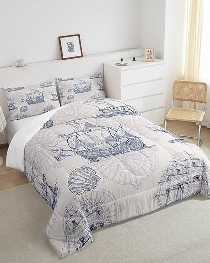 Nautical Comforter Set Sailboat Down Comforter Twin,Blue White Vintage Style Quilted Duvet Set Luxury Anchor Crab Pattern Bedding Insert Set for Kids, Adult Teen Boys Girls Bedroom Ocean Beach Decor - LeafyLoom