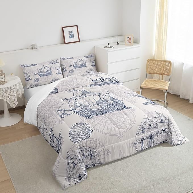 Nautical Comforter Set Sailboat Down Comforter Twin,Blue White Vintage Style Quilted Duvet Set Luxury Anchor Crab Pattern Bedding Insert Set for Kids, Adult Teen Boys Girls Bedroom Ocean Beach Decor - LeafyLoom