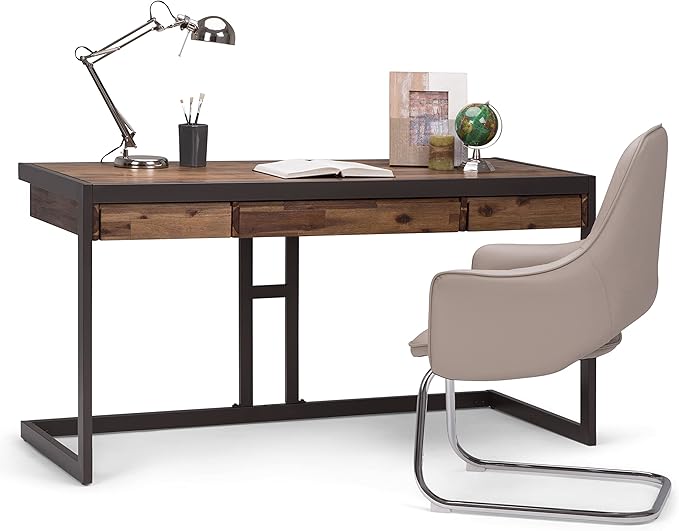 SIMPLIHOME Erina SOLID ACACIA WOOD Industrial 60 Inch Wide Writing Office Desk in Rustic Natural Aged Brown, For the Workstation and Study Table - LeafyLoom