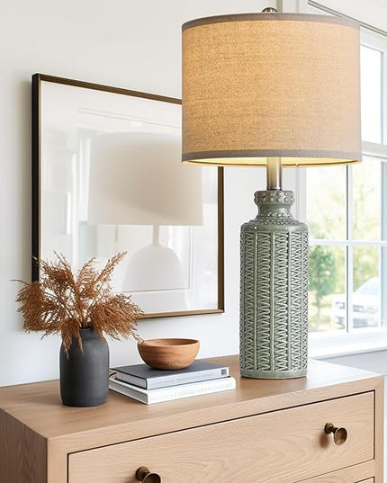 24.75'' Farmhouse Light-Green Ceramic Single Table Lamp for Bedroom Living Room Vintage Traditional Rustic Modern Nightstand Bedside Lamps - LeafyLoom