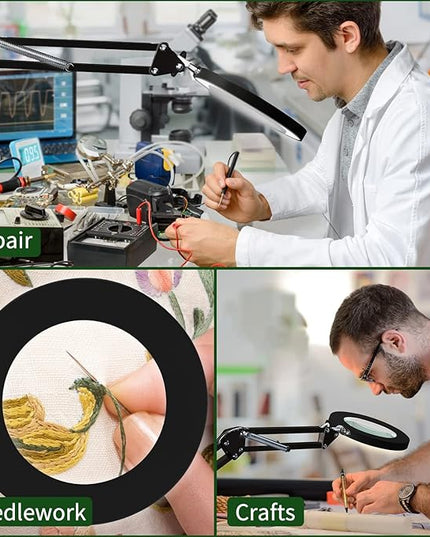 Magnifying Glass with Light and Stand, 10X Magnifying Lamp, 2-in-1 Desk Lamp with Clamp,3 Color Modes & Stepless Dimmable, LED Lighted Magnifier for Reading, Crafts, Repair Work (Black) - LeafyLoom