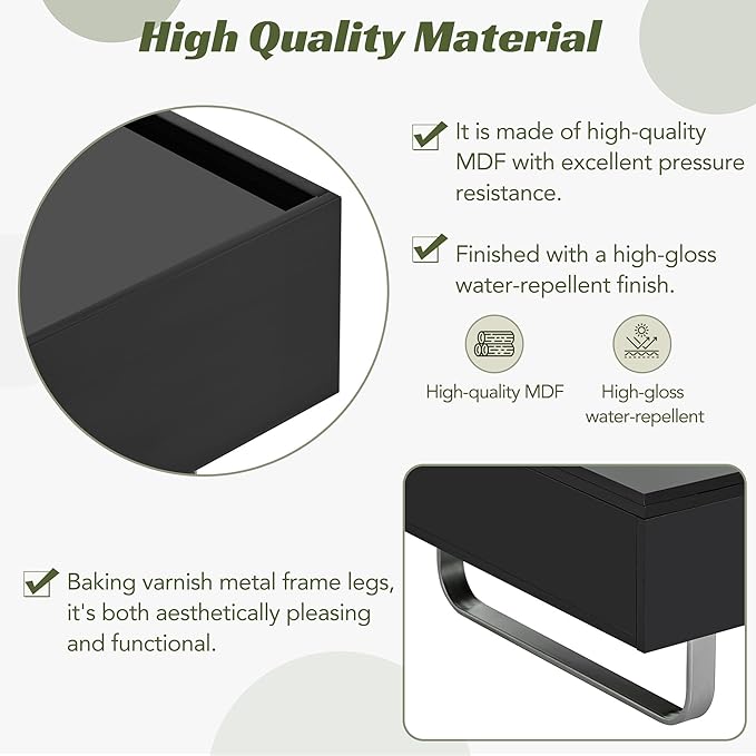 Lift Top Coffee Table, 45 Inch Contemporary Center Table with Drawer and Metal Frame Legs, High-Gloss Surface Coffee Tables for Living Room, Black - LeafyLoom