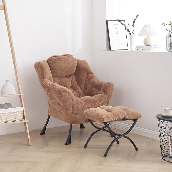 Cozy Lazy Chair and Ottoman, Large Contemporary Accent Lounge Chair Set, Leisure Upholstered Reading Armchair for Bedroom, Living Room, Dorm Rooms, Office - LeafyLoom