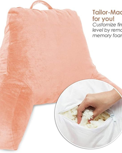 Clara Clark Reading Pillow, Standard Back Pillow for Sitting Up in Bed, Memory Foam Back Support Pillow, Reading Pillows for Sitting in Bed, Peach Sit Up Pillow for Bed Chair Arm Pillow with Pockets - LeafyLoom