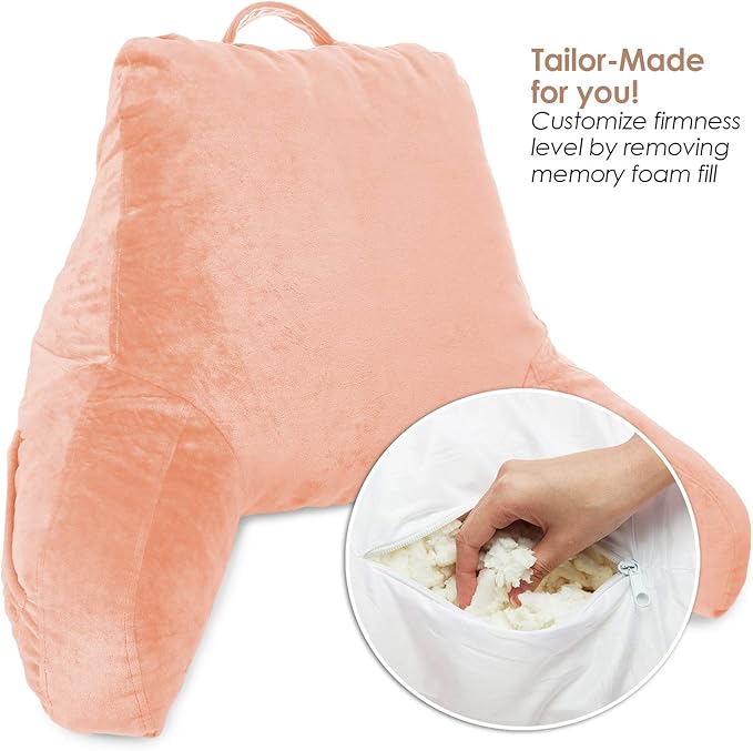 Clara Clark Reading Pillow, Standard Back Pillow for Sitting Up in Bed, Memory Foam Back Support Pillow, Reading Pillows for Sitting in Bed, Peach Sit Up Pillow for Bed Chair Arm Pillow with Pockets - LeafyLoom