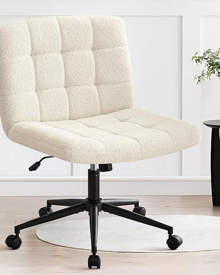 Furniliving Wide Desk Chair, Faux Fur Upholstered Office Chair with Wheels, Adjustable Accent Chair with Thicken Seat, Computer Chair for Living Room, Study Room, Home Office, IvoryWhite - LeafyLoom