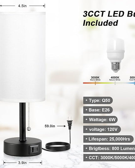 White Table Bedside Lamp for Bedroom Nightstand - Small Lamp with USB A + C Charging Port, 3 Color Temperatures Pull Chain Night Stand Light with Bulb, Side Table Desk Reading Lamp for Living Room - LeafyLoom