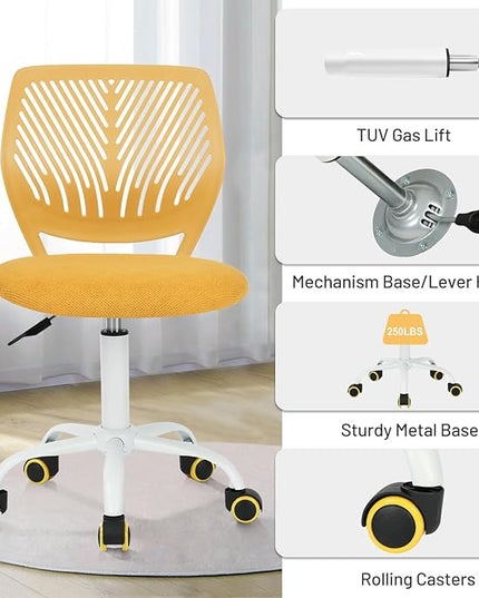 FurnitureR Kids Desk Chair, Small Adjustable Swivel Computer Task Chair with Plastic Backrest and Padded Seat Cushion, Fabric Armless Cute Rolling Child Office Chairs Study Chair, Yellow - LeafyLoom