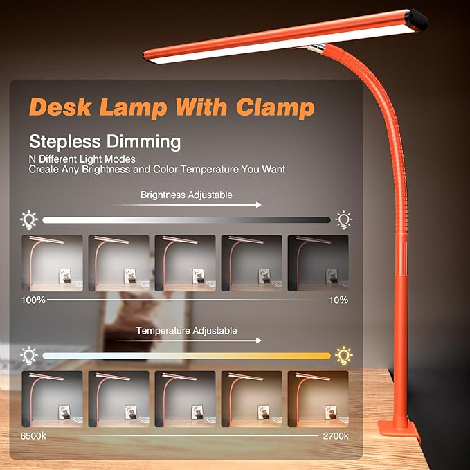 LED Desk Lamp for Office Home, Eye-Caring Desk Light with Stepless Dimming Adjustable Flexible Gooseneck, 10W USB Adapter Desk Lamp with Clamp for Reading, Study, Workbench (Red) - LeafyLoom