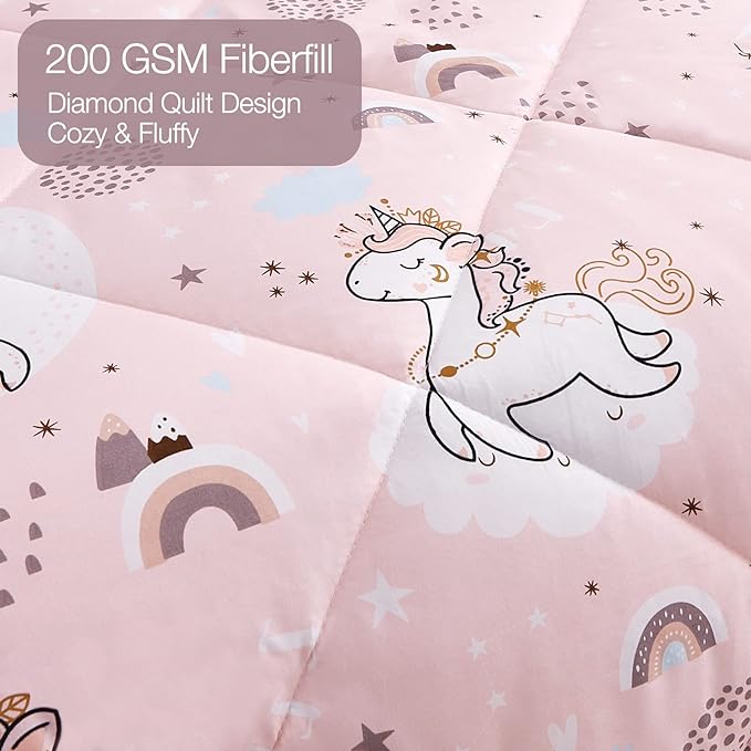 JSD Pink Unicorn Kids Comforter Set for Girls, 3 Pieces Full Microfiber Comforter with Pillow Sham, Soft Comfortable Machine Washable - LeafyLoom