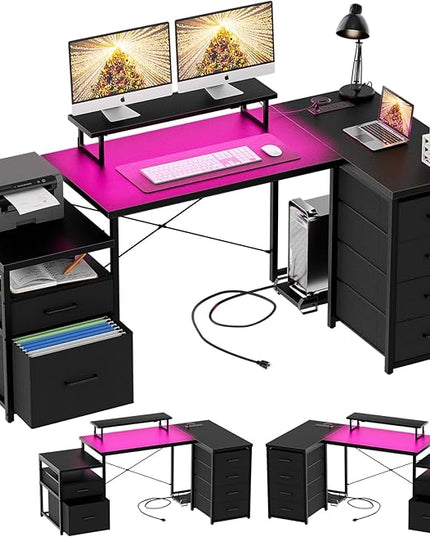Unikito Reversible L Shaped Computer Desk with Fabric File Drawers, 70.8" Large Office Corner Desk with RGB LED Lights & Power Outlets & Monitor Stand & CPU Stand, Sturdy L Shape Gaming Desk, Black - LeafyLoom