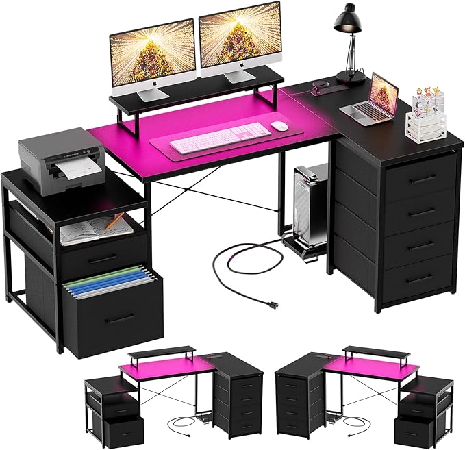 Unikito Reversible L Shaped Computer Desk with Fabric File Drawers, 70.8" Large Office Corner Desk with RGB LED Lights & Power Outlets & Monitor Stand & CPU Stand, Sturdy L Shape Gaming Desk, Black - LeafyLoom