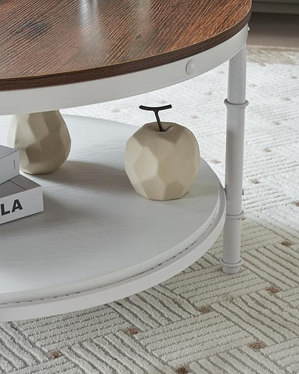 VINGLI 31.5" Rustic Oak White Wood Round Farmhouse Coffee Table, 2-Tier Storage Wood Center Circle Accent Table for Living Room, Bedroom, Apartment, Studio and Small Spaces, Sturdy Metal Frame - LeafyLoom