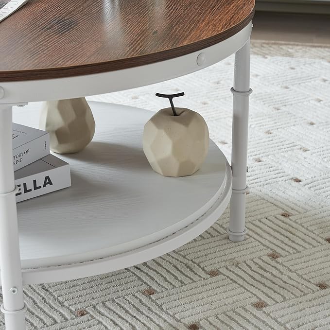 VINGLI 31.5" Rustic Oak White Wood Round Farmhouse Coffee Table, 2-Tier Storage Wood Center Circle Accent Table for Living Room, Bedroom, Apartment, Studio and Small Spaces, Sturdy Metal Frame - LeafyLoom