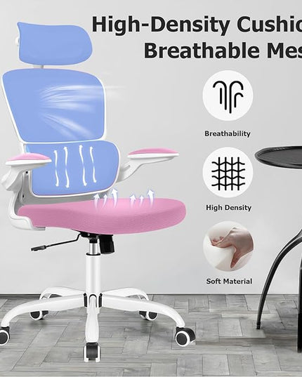 Ergonomic Office Desk Chair, High Back Mesh Chair with Lumbar Support and Adjustable Headrest, Computer Gaming Chair with Flip-up Armrests, Executive Swivel Chair for Home Office (Pink) - LeafyLoom