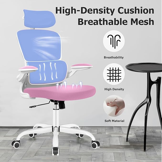 Ergonomic Office Desk Chair, High Back Mesh Chair with Lumbar Support and Adjustable Headrest, Computer Gaming Chair with Flip-up Armrests, Executive Swivel Chair for Home Office (Pink) - LeafyLoom