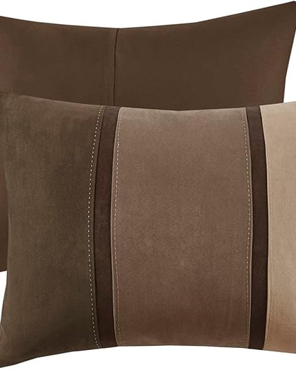 Madison Park Palisades Comforter Set Modern Faux Suede Pieced Stripe Design, All Season Down Alternative Cozy Bedding with Matching Shams, Decorative Pillows, Queen(90"x90"), Brown 7 Piece - LeafyLoom