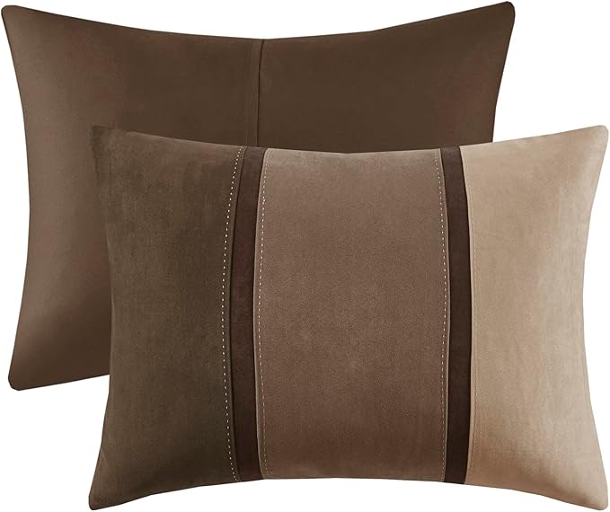 Madison Park Palisades Comforter Set Modern Faux Suede Pieced Stripe Design, All Season Down Alternative Cozy Bedding with Matching Shams, Decorative Pillows, Queen(90"x90"), Brown 7 Piece - LeafyLoom