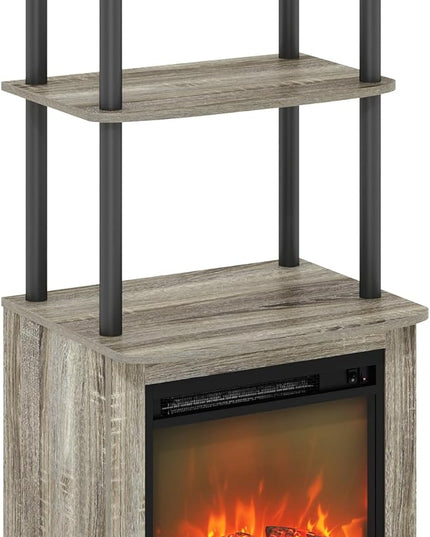 Furinno Turn-N-Tube 2-Tier Tall TV Entertainment Side Table Display Rack with Fireplace Insert, French Oak Grey/Black - LeafyLoom