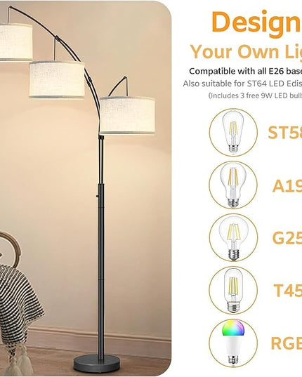 Dimmable Arc Floor Lamps for Living Room-Modern 3 Lights Floor Lamp, Mid Century Tall Standing Reading Lamp with Heavy Base 360° Adjustable Hanging Beige Shades for Bedroom Office Include Bulbs - LeafyLoom