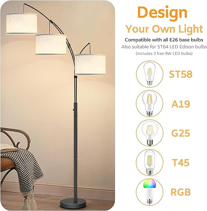 Dimmable Arc Floor Lamps for Living Room-Modern 3 Lights Floor Lamp, Mid Century Tall Standing Reading Lamp with Heavy Base 360° Adjustable Hanging Beige Shades for Bedroom Office Include Bulbs - LeafyLoom