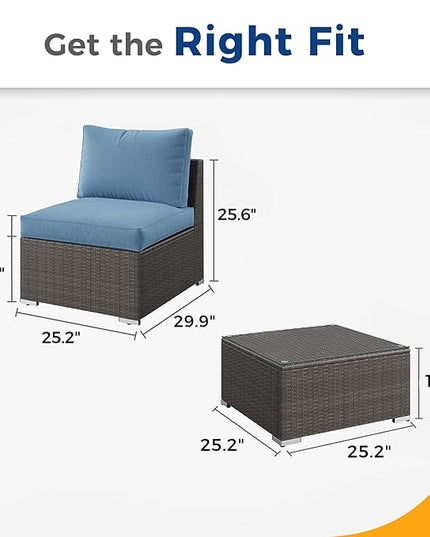 Wisteria Lane 2 Pieces Patio Furniture Sets, Outdoor Sectional Furniture with Armless Sofa, Tempered Glass Table and Cushion, Patio Conversation Sets for Garden Backyard, Blue - LeafyLoom