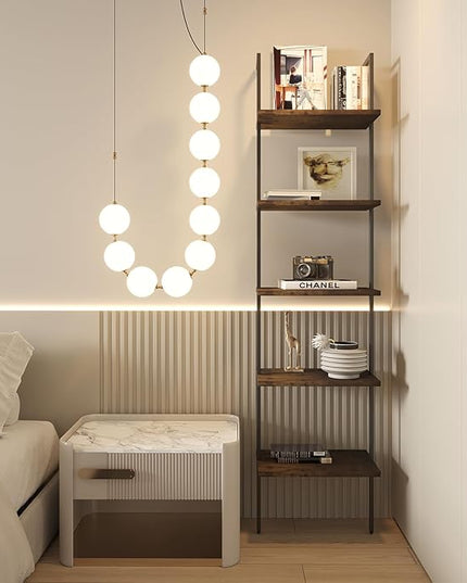 Ladder Shelf 5 Tiers Metal Industrial Bookshelf,Rustic Brown Wood Tall Open Storage Rack and Display Shelves,Wall Mount Wide Book Case for Home Office Bedroom,Small - LeafyLoom