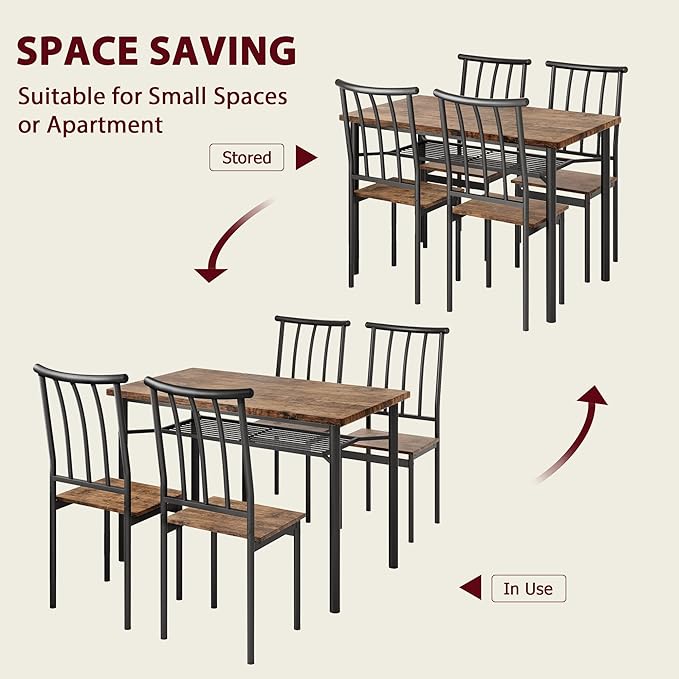 Dining Table Set for 4, Kitchen Table and Chairs for 4, Rectangular Dining Room Table Set with Wine Rack, 5 Piece Dining Table Set for Small Space, Apartment, Rustic Brown - LeafyLoom