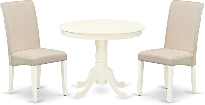 East West Furniture ANBA3-LWH-01 3 Piece Dinette Set for Small Spaces Contains a Round Kitchen Table with Pedestal and 2 Cream Linen Fabric Parson Dining Chairs, 36x36 Inch - LeafyLoom