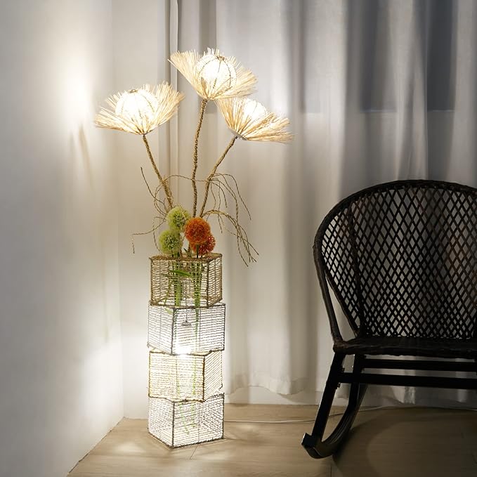 Modern Decorative Rattan Floor Lamp: Pastoral Hand-Woven Flower Night Light - Creative Standing Smart Corner Lamp for Reading Living Room Bedroom Tea Room Club Office Sofa Side - LeafyLoom