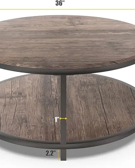 Round Coffee Table, 36" Coffee Table for Living Room, 2-Tier Rustic Wood Desktop with Storage Shelf Modern Design Accent Center Table Industrial Sofa Table Home Furniture(Walnut) - LeafyLoom