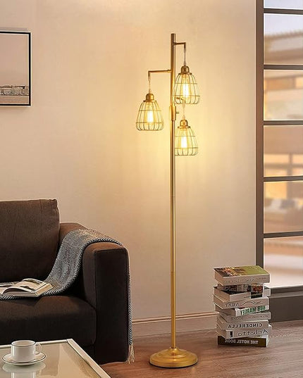 9MMML Golden Dimmable Floor Lamp,Industrial Farmhouse Tall Standing Floor Lamp for Living Room, Bedroom, Corner,Office,Gold 3 Teardrop Cage Lampshade,68”Height,3 LED Bulb Included - LeafyLoom