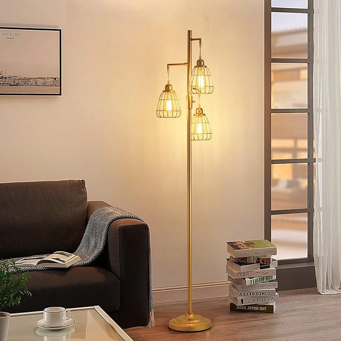 9MMML Golden Dimmable Floor Lamp,Industrial Farmhouse Tall Standing Floor Lamp for Living Room, Bedroom, Corner,Office,Gold 3 Teardrop Cage Lampshade,68”Height,3 LED Bulb Included - LeafyLoom