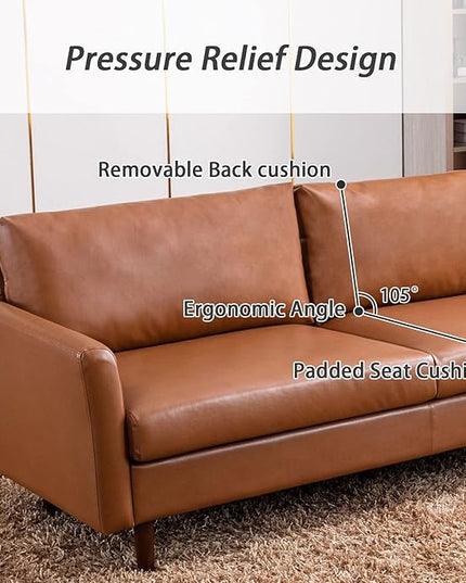 Dreamsir 80'' Faux Leather Sofa Couch, Mid-Century Modern Sofa with Solid Wooden Frame & Padded Cushions, 3-Seater Couch for Living Room, Apartment, Lounge Room (Brown) - LeafyLoom