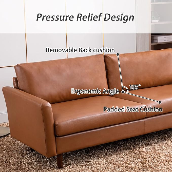 Dreamsir 80'' Faux Leather Sofa Couch, Mid-Century Modern Sofa with Solid Wooden Frame & Padded Cushions, 3-Seater Couch for Living Room, Apartment, Lounge Room (Brown) - LeafyLoom