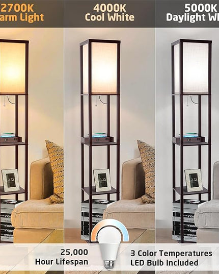 Floor Lamp with Wireless Charger, Modern Shelves Floor Lamp with USB A+C Ports & 2 AC Outlets,3 Color Temperature Corner Floor Lamps for Living Room Bedroom Office - LeafyLoom