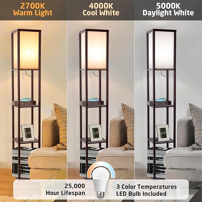 Floor Lamp with Wireless Charger, Modern Shelves Floor Lamp with USB A+C Ports & 2 AC Outlets,3 Color Temperature Corner Floor Lamps for Living Room Bedroom Office - LeafyLoom