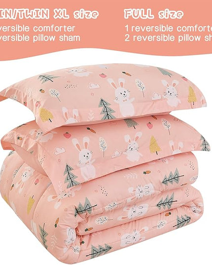 Pink Bunny Kids Comforter Set for Girls Twin, Cute Reversible Quilted Printed Woodland Bedding Set with Pillow Sham, Lightweight Soft Breathable Machine Washable Bed Set 2 Piece - LeafyLoom