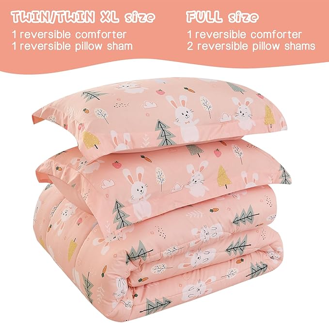 Pink Bunny Kids Comforter Set for Girls Full Size, Cute Reversible Quilted Printed Woodland Bedding Set with Pillow Sham, Lightweight Soft Breathable Machine Washable Bed Set 3 Piece - LeafyLoom