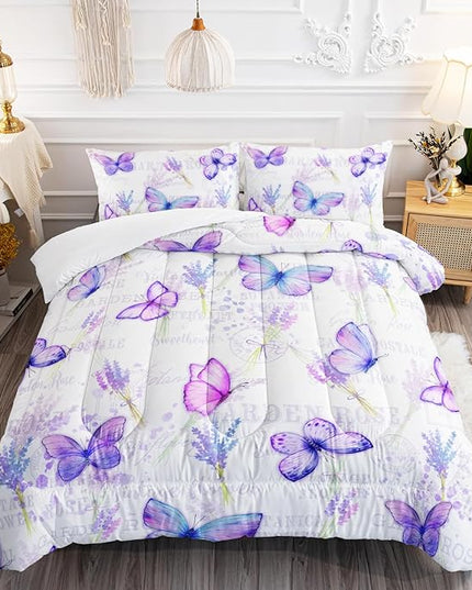 Purple Butterfly Comforter Set Twin Size for Girls Kids Adults Lavender Flowers Pattern Bedding Set Aesthetics Butterflies Quilt Bed Set with 1 Comforter and 2 Pillowcases - LeafyLoom