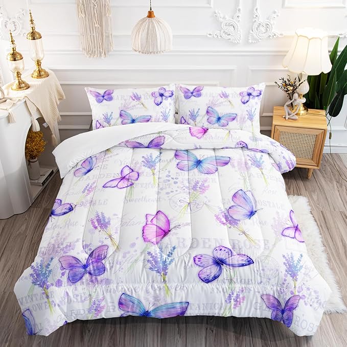 Purple Butterfly Comforter Set Twin Size for Girls Kids Adults Lavender Flowers Pattern Bedding Set Aesthetics Butterflies Quilt Bed Set with 1 Comforter and 2 Pillowcases - LeafyLoom