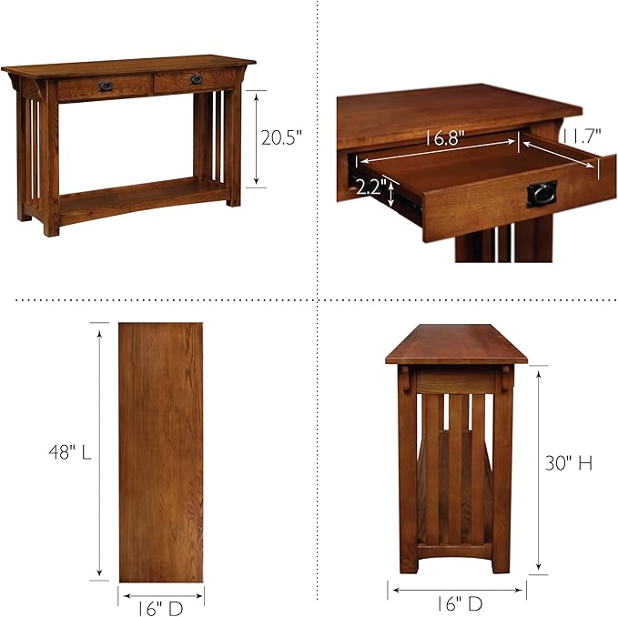 Leick Home 82262 Mission Mantel Height Bookcase with Slatted Sides and Top Drawer, Made with Wood & 8233 Mission Impeccable Two Drawer Hall Console Table with Shelf, 48 in x 16 in x 30 in - LeafyLoom