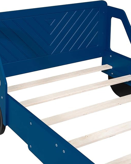 Twin Size Car-Shaped Bed Frame for Kids,Wooden Platform Bed with Wheels and Side Rails for for Boys Girls,Wood Slat Supports,No Box Spring Needed,Blue - LeafyLoom
