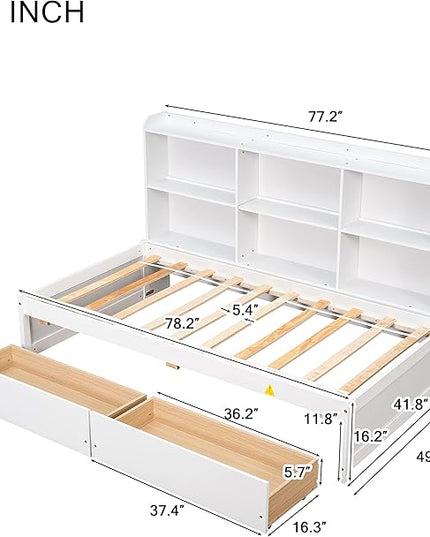 Twin Size Platform 2 Storage Drawers and Side Bookcase, Solid Wood Day Captain, Ideal Bed Frame for Bedroom, Living Room, White - LeafyLoom