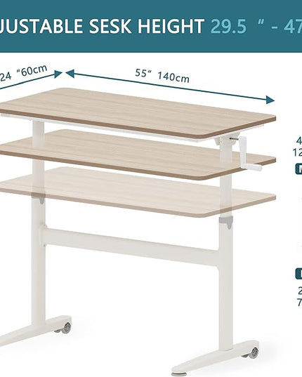 Manual Standing Desk Adjustable Height- Crank Mobile Standing Desk 55 x 24 Inches Sit Stand Desk Frame & Top, Stand Up Desk on Wheels, Computer Desk White Frame & Maple - LeafyLoom